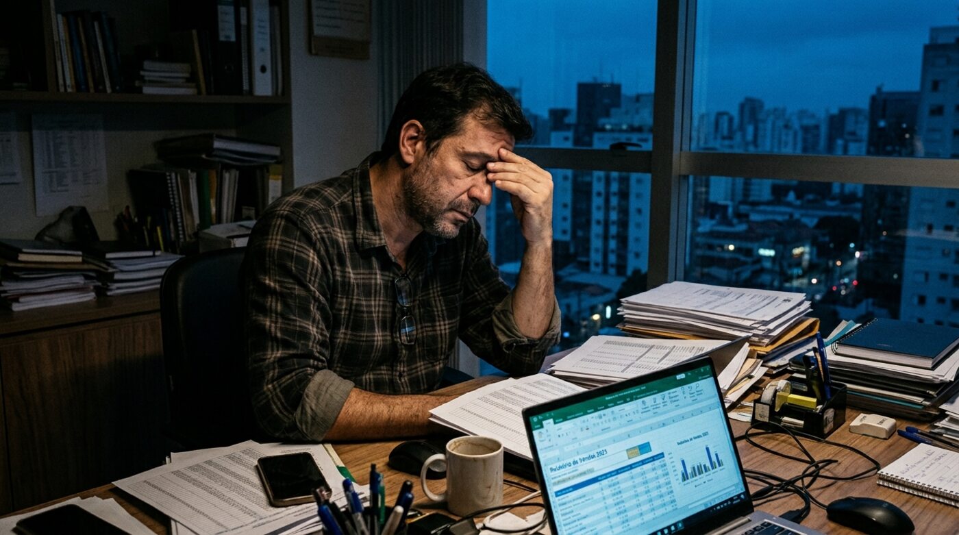 Dono de pequena empresa exausto, trabalhando à noite entre planilhas e papéis