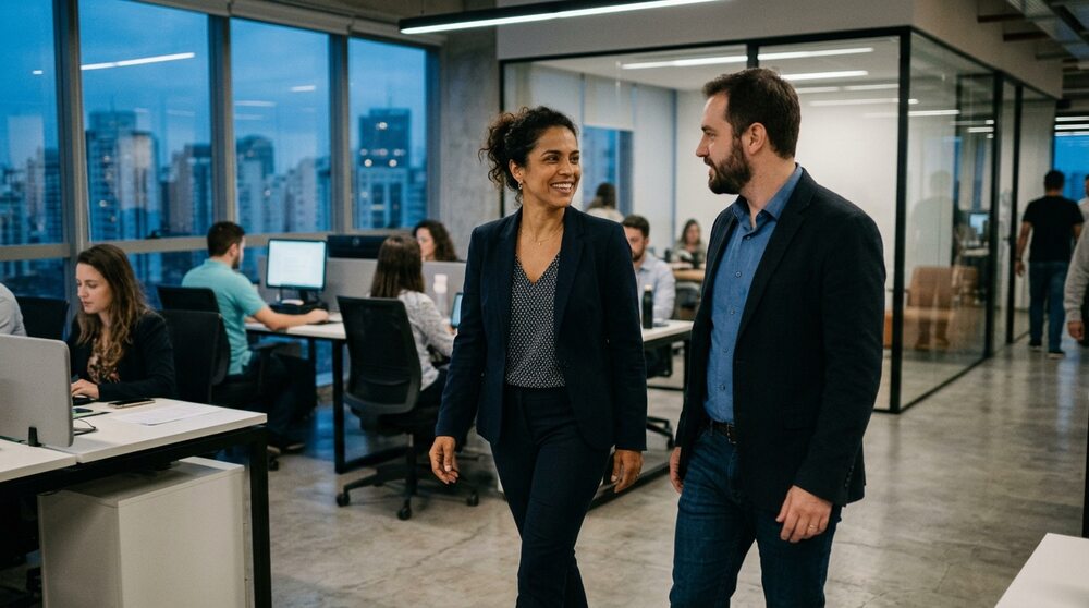 Diretora de operações caminhando pelo escritório em conversa com colega