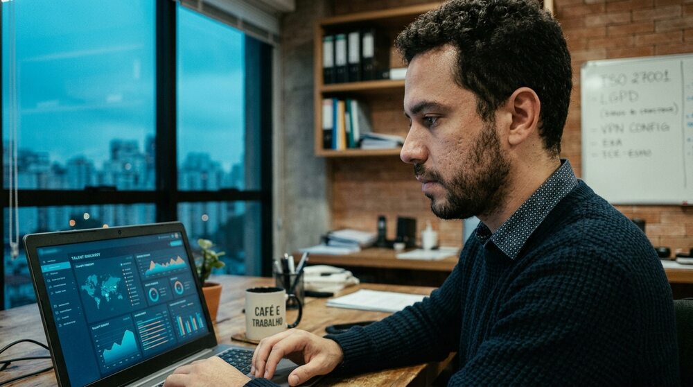 Profissional de TI e compliance diante de painel de segurança no notebook